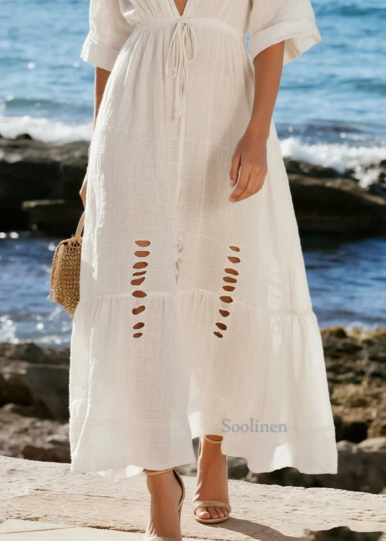 French White Cinched Ripped Cotton Beach Dress Summer - Image 4