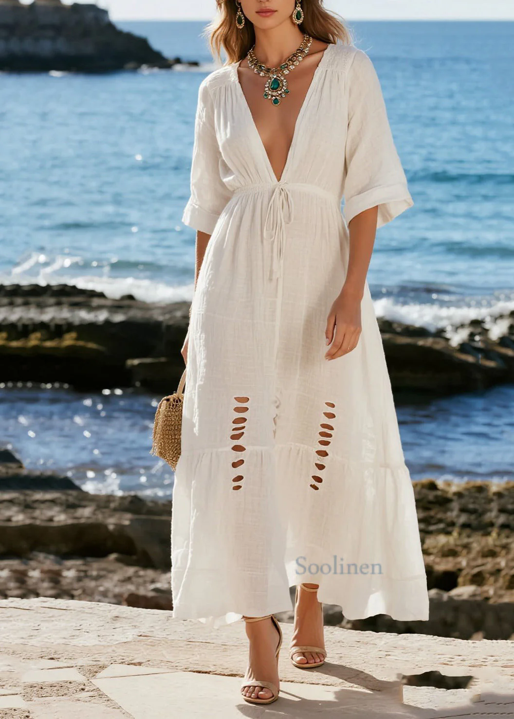 French White Cinched Ripped Cotton Beach Dress Summer - Image 5