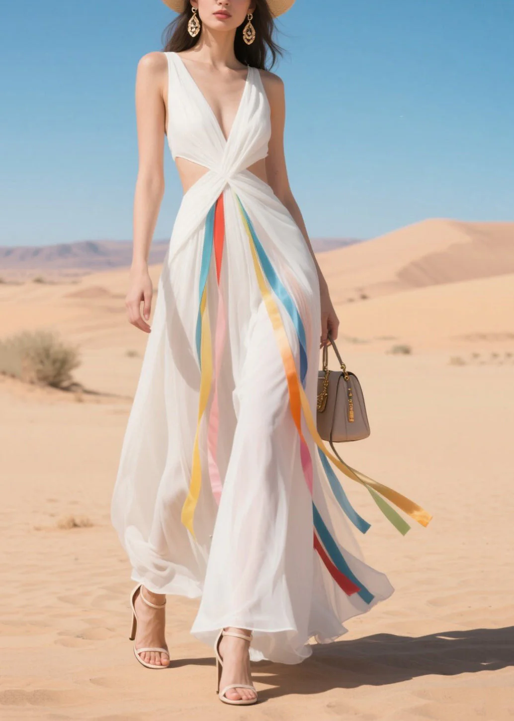 French White Cold Waist Multicolour Ribbon Chiffon Ankle Dress Summer - Image 3