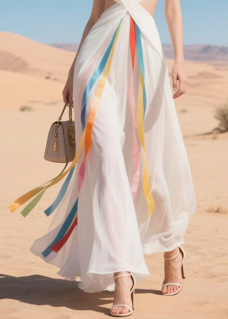 French White Cold Waist Multicolour Ribbon Chiffon Ankle Dress Summer - Image 4