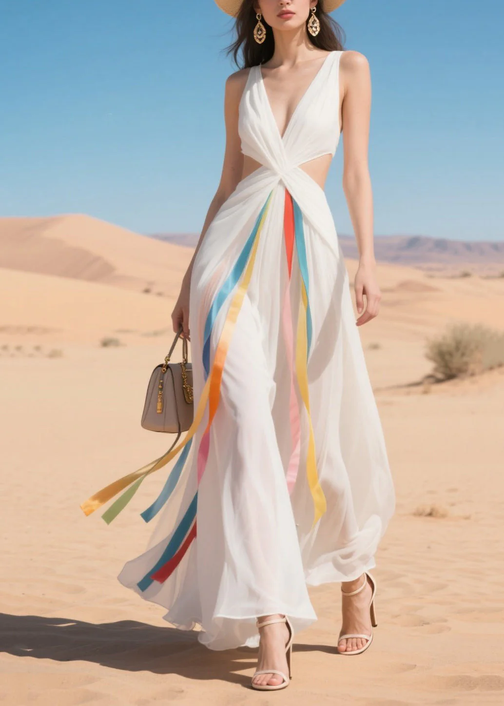 French White Cold Waist Multicolour Ribbon Chiffon Ankle Dress Summer - Image 5