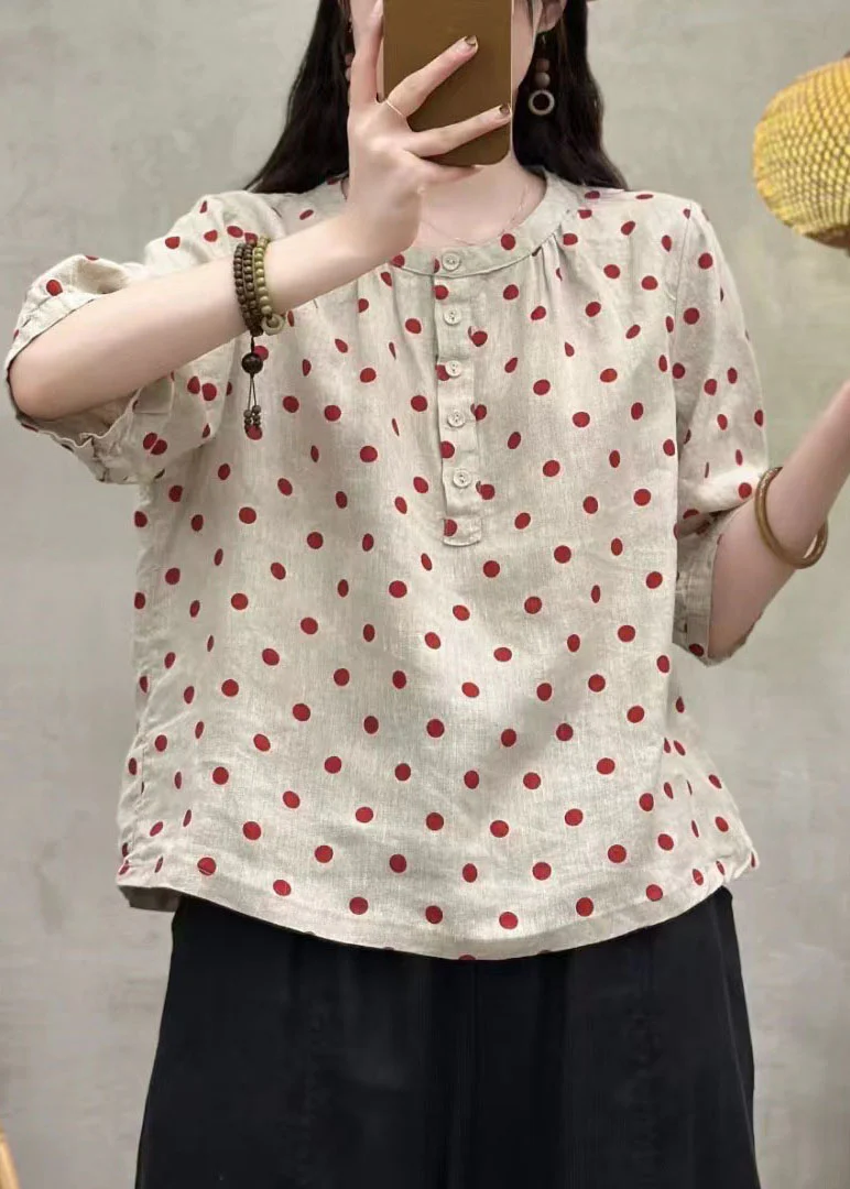 French White Dot O Neck Button Linen Top Summer - Image 5