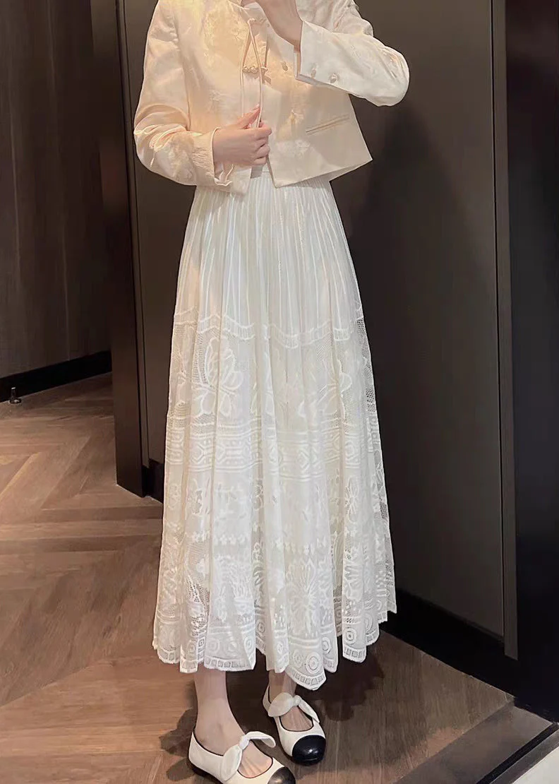 French White Elastic Waist Lace Maxi Skirt Summer - Image 3