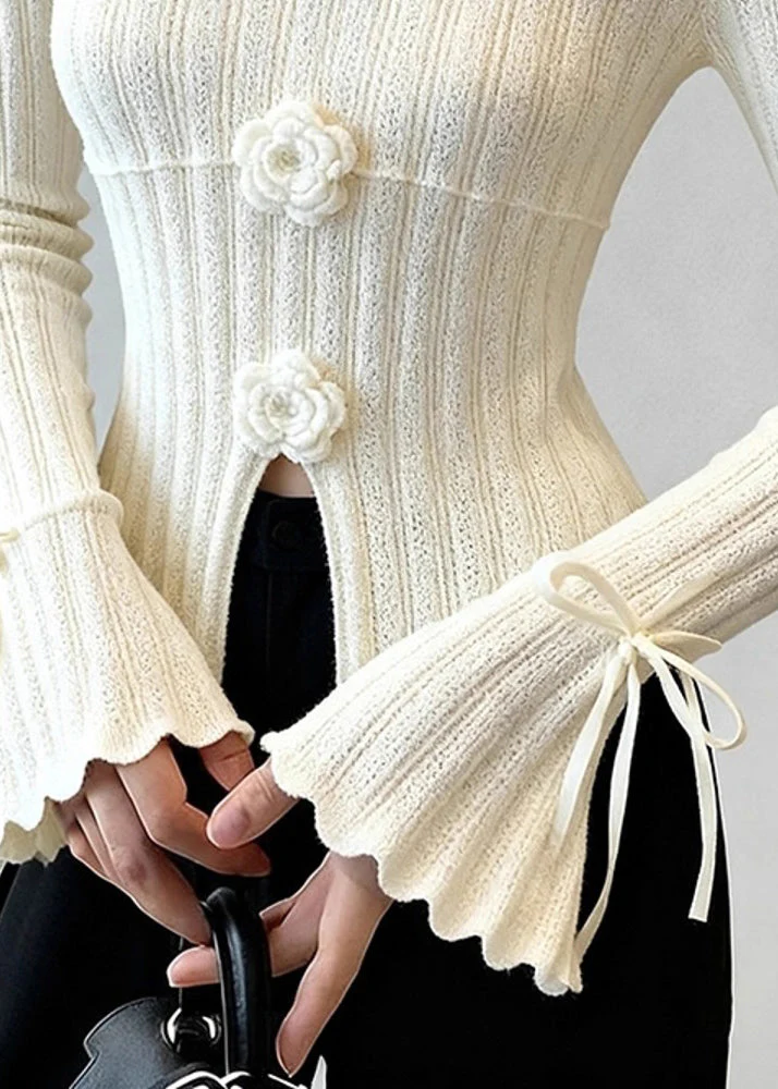 French White Floral Patchwork Thin Knit Top Flare Sleeve - Image 5