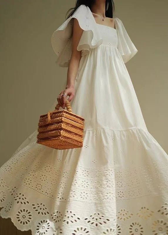 French White Hollow Out Lace Up Cotton Long Dress Summer