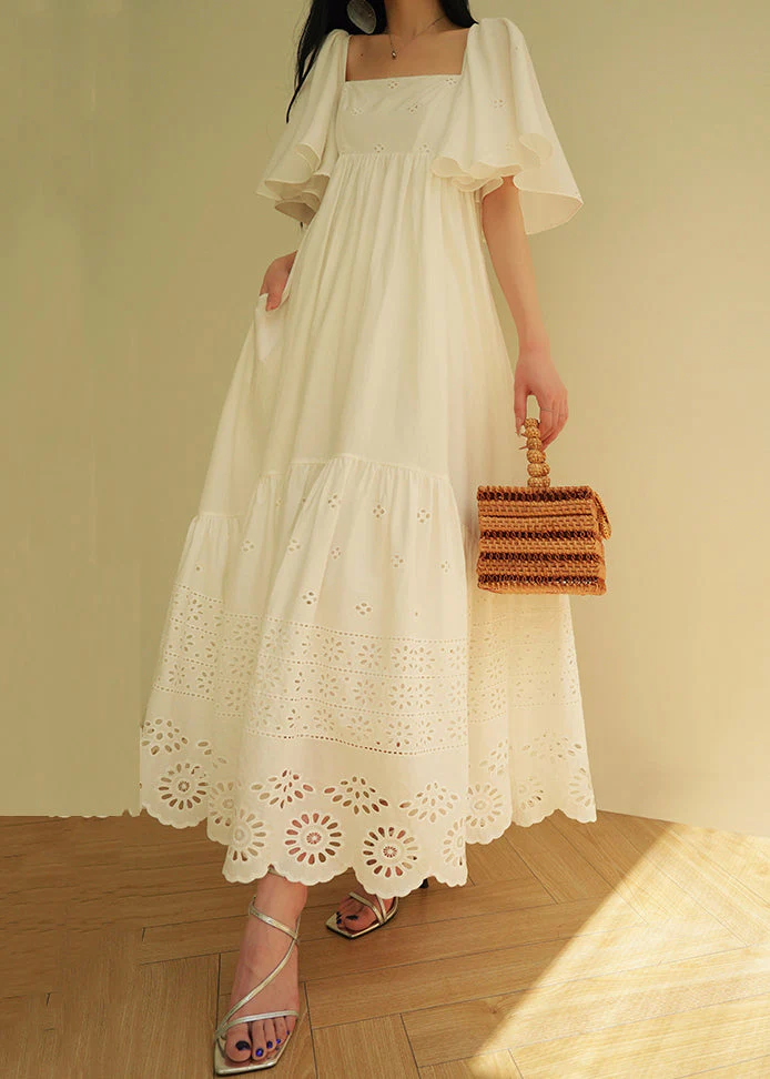 French White Hollow Out Lace Up Cotton Long Dress Summer - Image 2