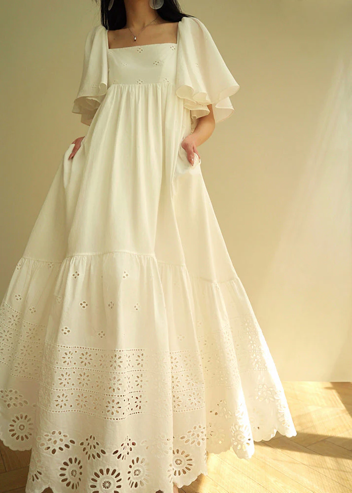 French White Hollow Out Lace Up Cotton Long Dress Summer - Image 3