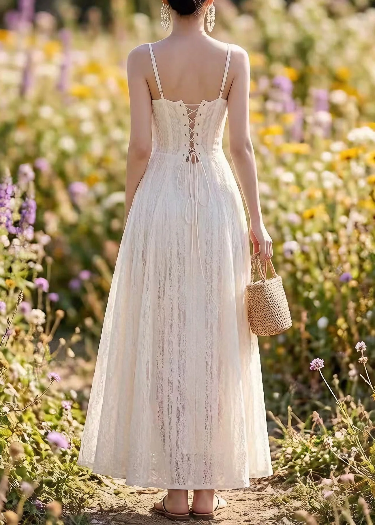 French White Lace Up Spaghetti Strap Summer Dress - Image 2