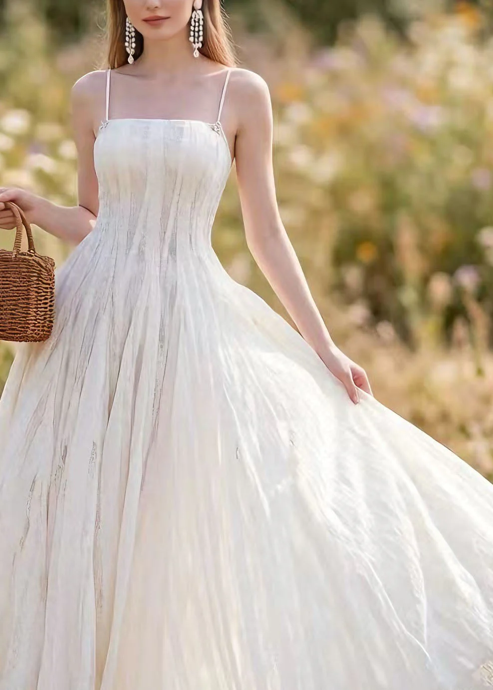 French White Lace Up Spaghetti Strap Summer Dress - Image 3