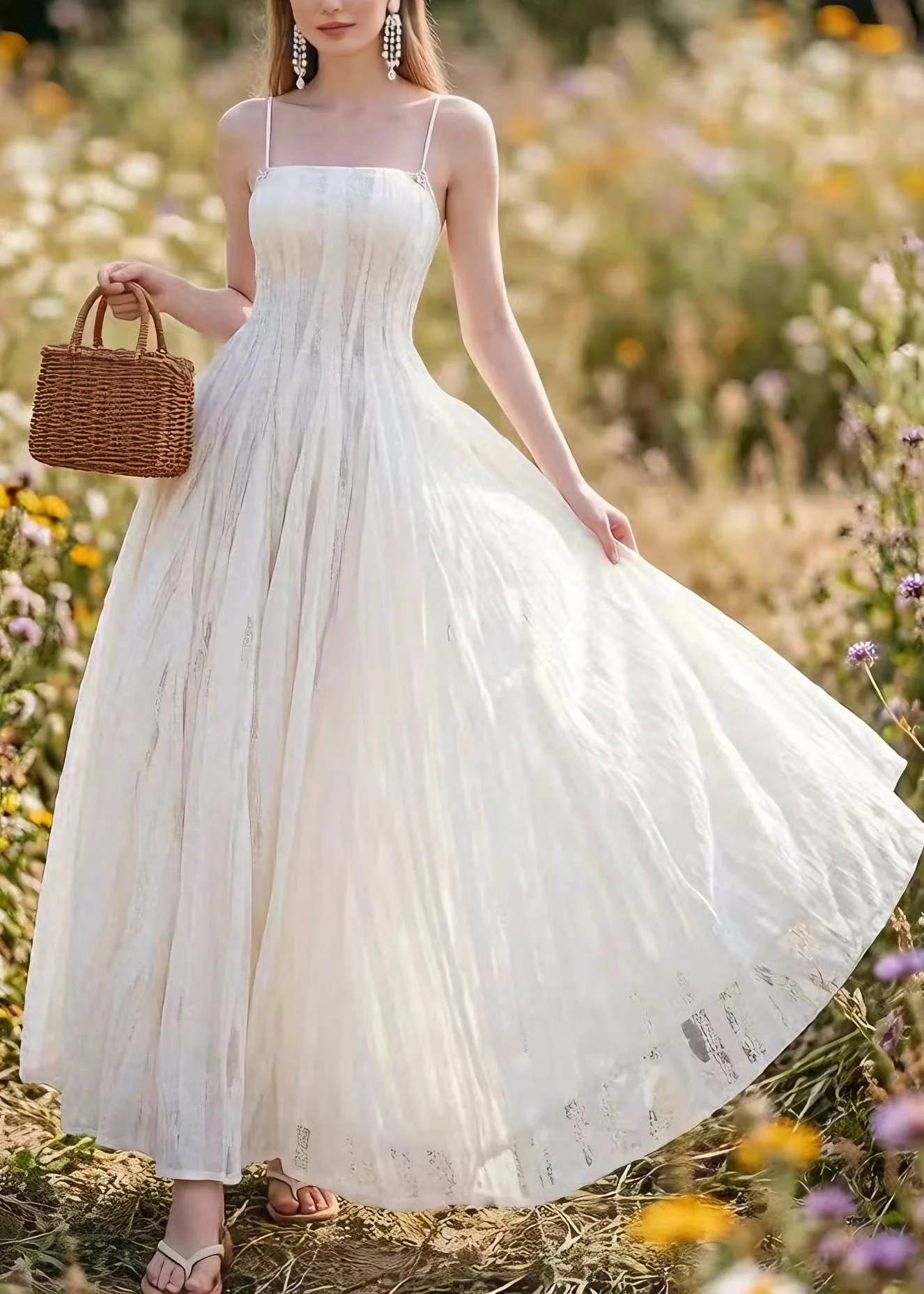 French White Lace Up Spaghetti Strap Summer Dress - Image 5