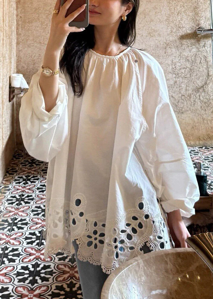 French White O-Neck Embroidered Hollow Out Top Lantern Sleeve - Image 4