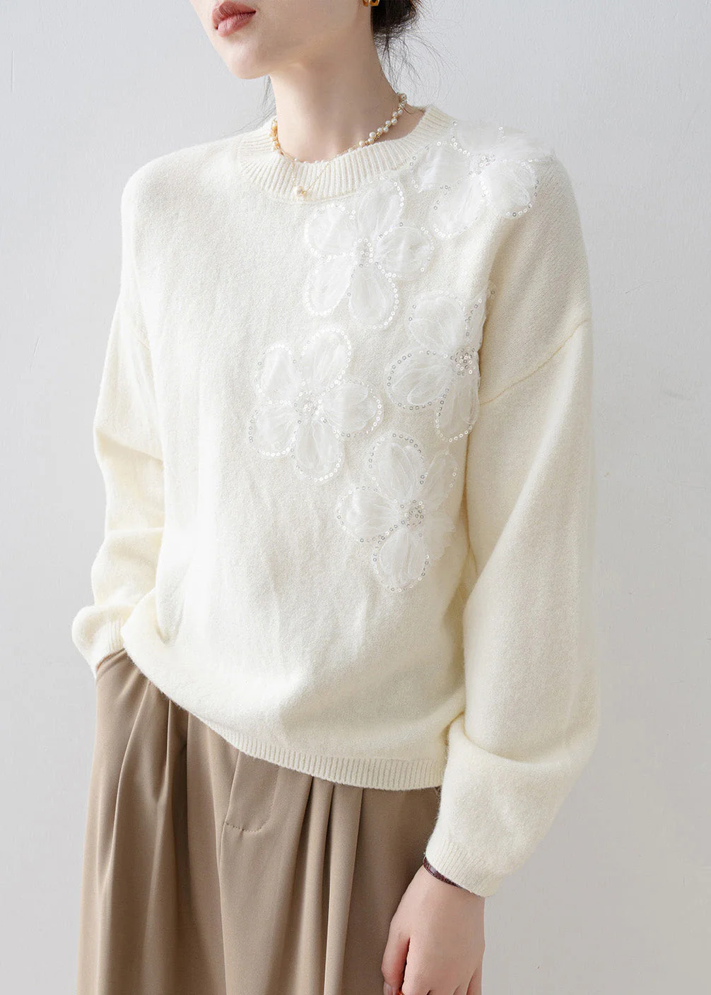 French White O Neck Floral Sequins Knit Sweater Tops Spring