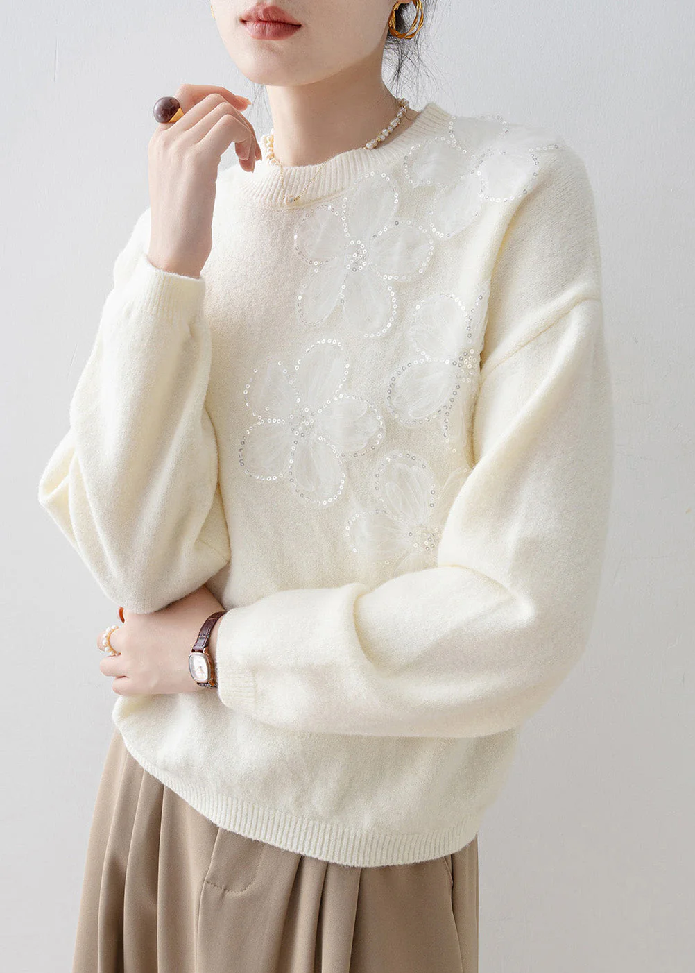 French White O Neck Floral Sequins Knit Sweater Tops Spring - Image 4