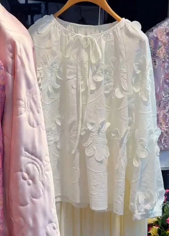 French White O-Neck Floral Tie Lace Top Lantern Sleeve - Image 2