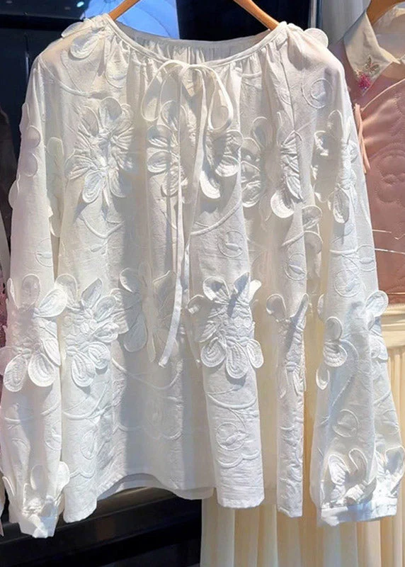 French White O-Neck Floral Tie Lace Top Lantern Sleeve - Image 3