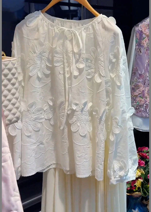 French White O-Neck Floral Tie Lace Top Lantern Sleeve - Image 4