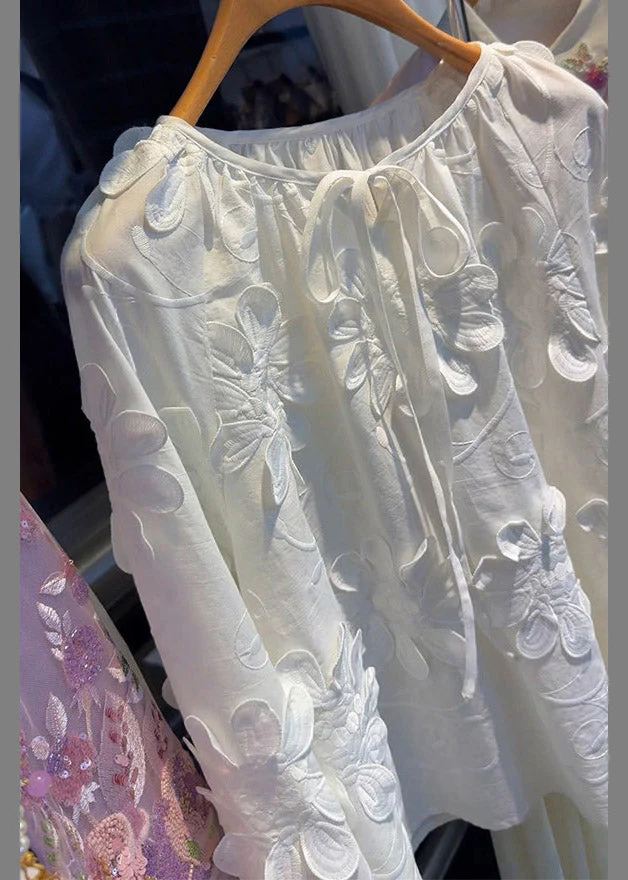 French White O-Neck Floral Tie Lace Top Lantern Sleeve - Image 5