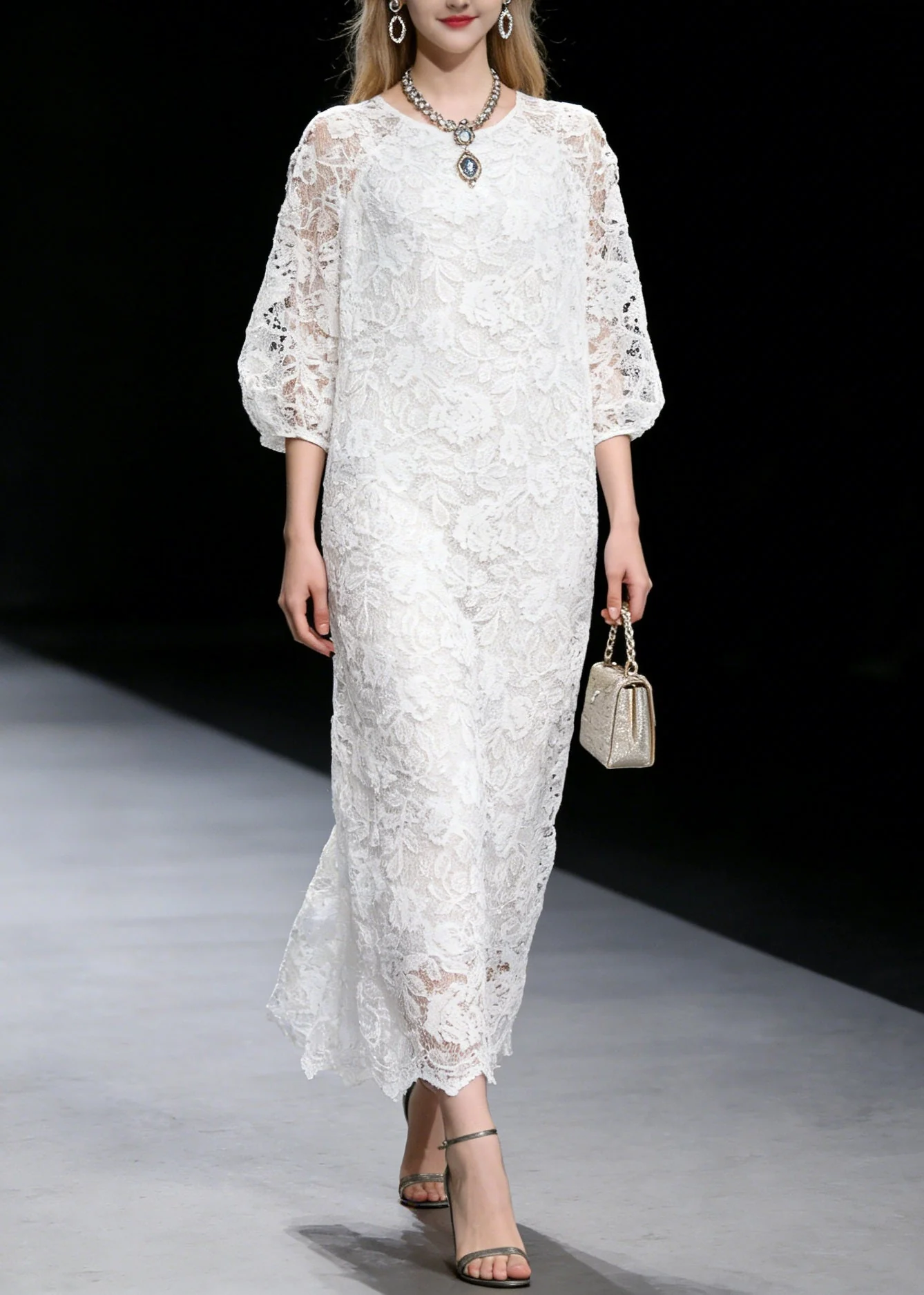 French White O Neck Hollow Out Lace Long Dress Summer