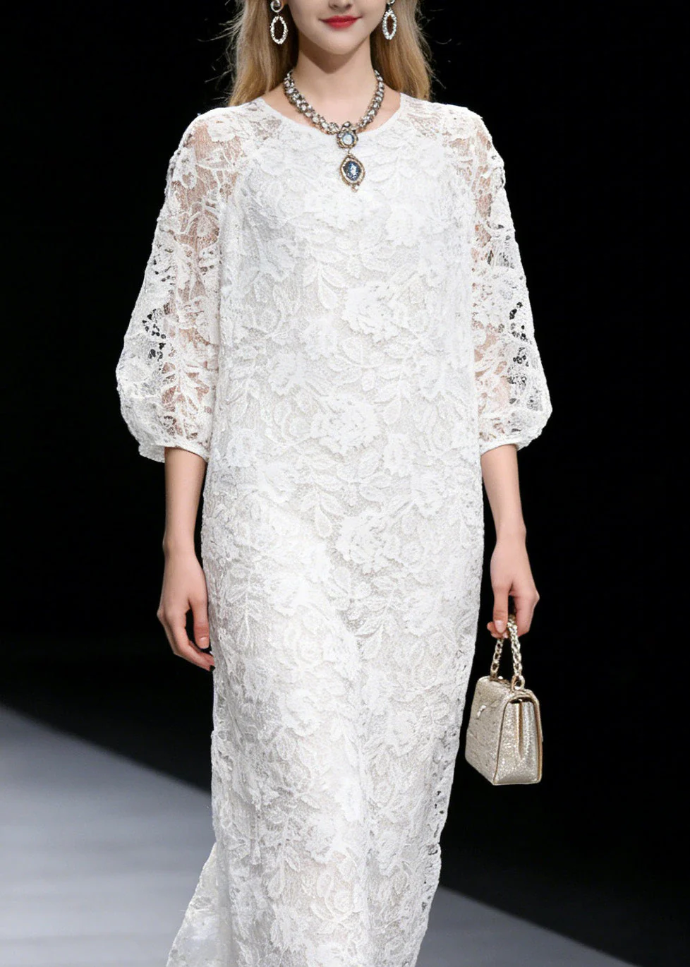 French White O Neck Hollow Out Lace Long Dress Summer - Image 2