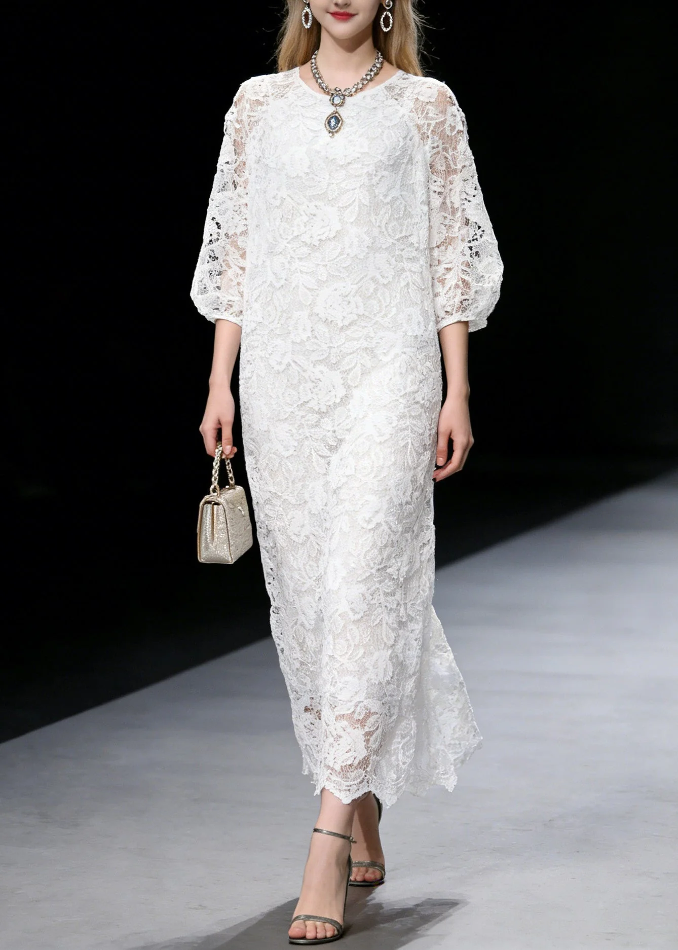 French White O Neck Hollow Out Lace Long Dress Summer - Image 3
