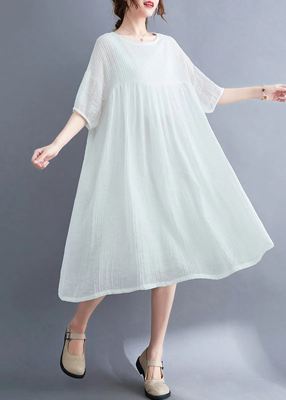 French White O-Neck Patchwork Maxi Dress Short Sleeve - Image 3