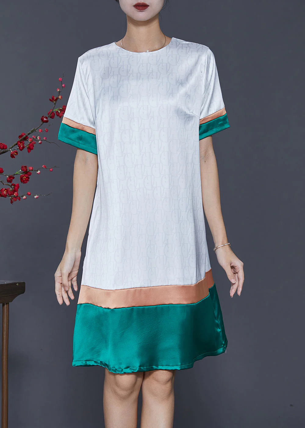 French White O-Neck Patchwork Silk Dress Summer - Image 2