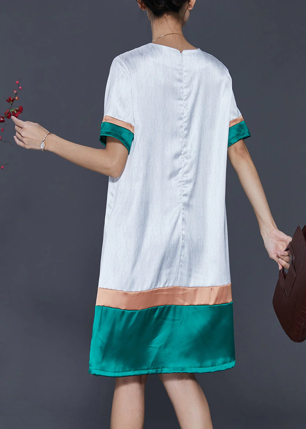 French White O-Neck Patchwork Silk Dress Summer - Image 4
