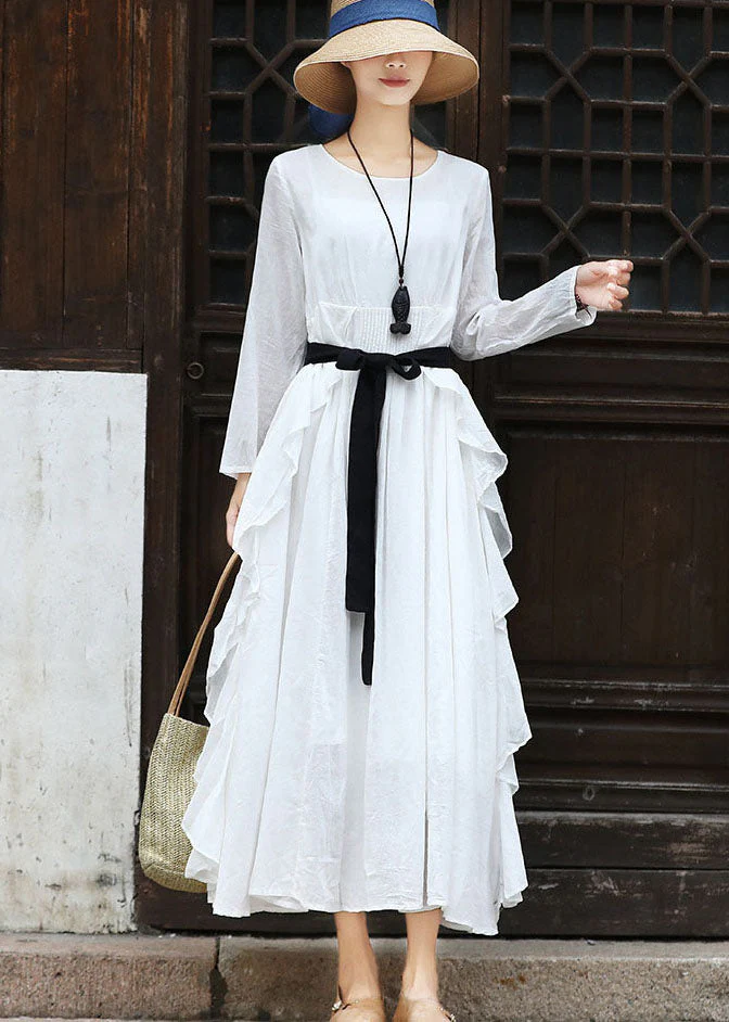 French White O-Neck Ruffled Cotton Party Dress Long Sleeve - Image 2