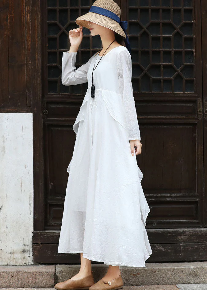 French White O-Neck Ruffled Cotton Party Dress Long Sleeve - Image 3