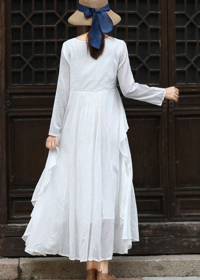 French White O-Neck Ruffled Cotton Party Dress Long Sleeve - Image 4