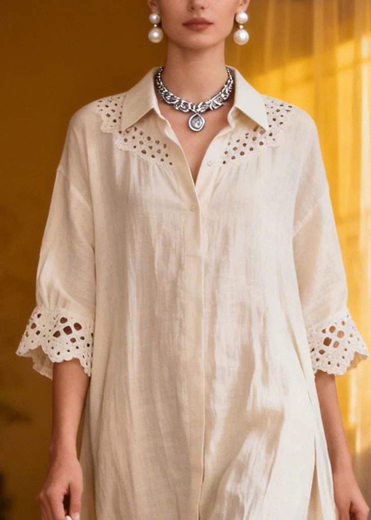 French White Oversized Hollow Out Cotton A Line Dresses Summer - Image 2