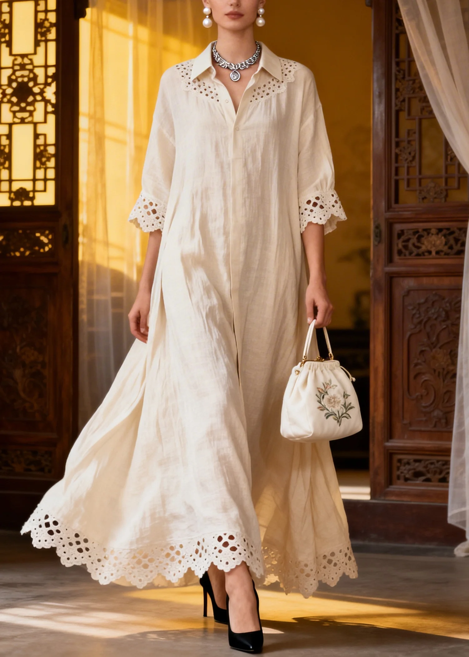 French White Oversized Hollow Out Cotton A Line Dresses Summer - Image 3
