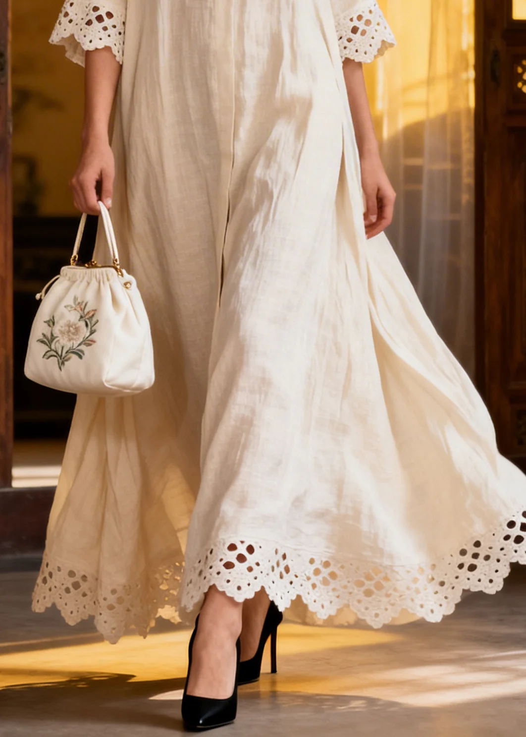 French White Oversized Hollow Out Cotton A Line Dresses Summer - Image 4