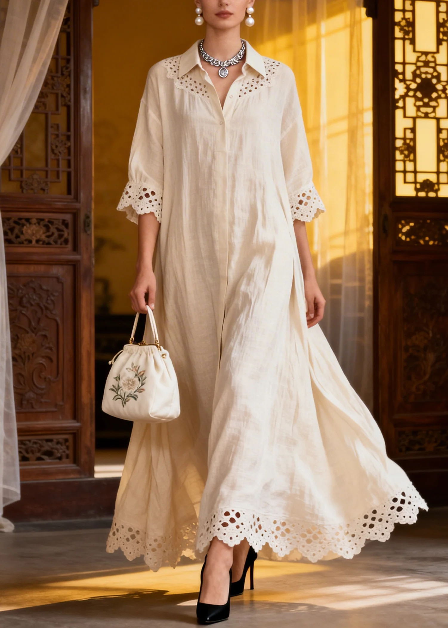 French White Oversized Hollow Out Cotton A Line Dresses Summer - Image 5