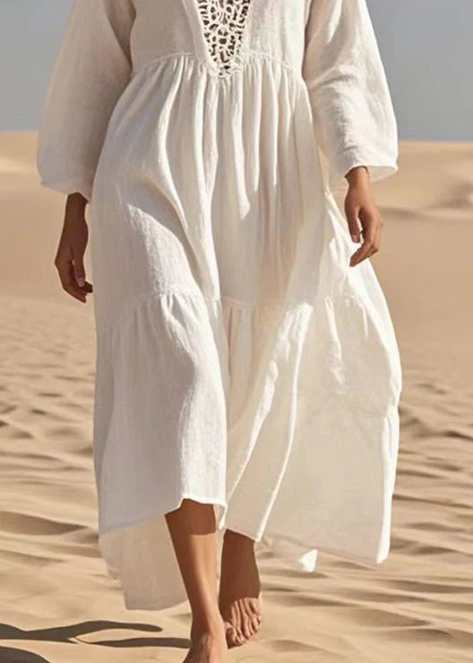 French White Oversized Hollow Out Cotton Long Dresses Spring - Image 4