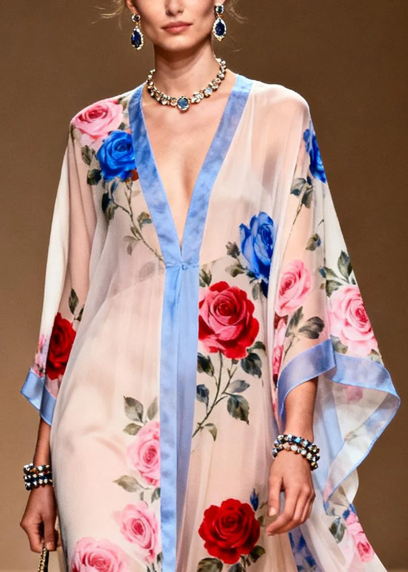 French White Oversized Print Chiffon Beach Dress Summer - Image 2