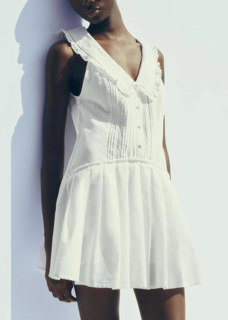 French White Peter Pan Collar Hollow Out Cotton Mid Dress Sleeveless - Image 2