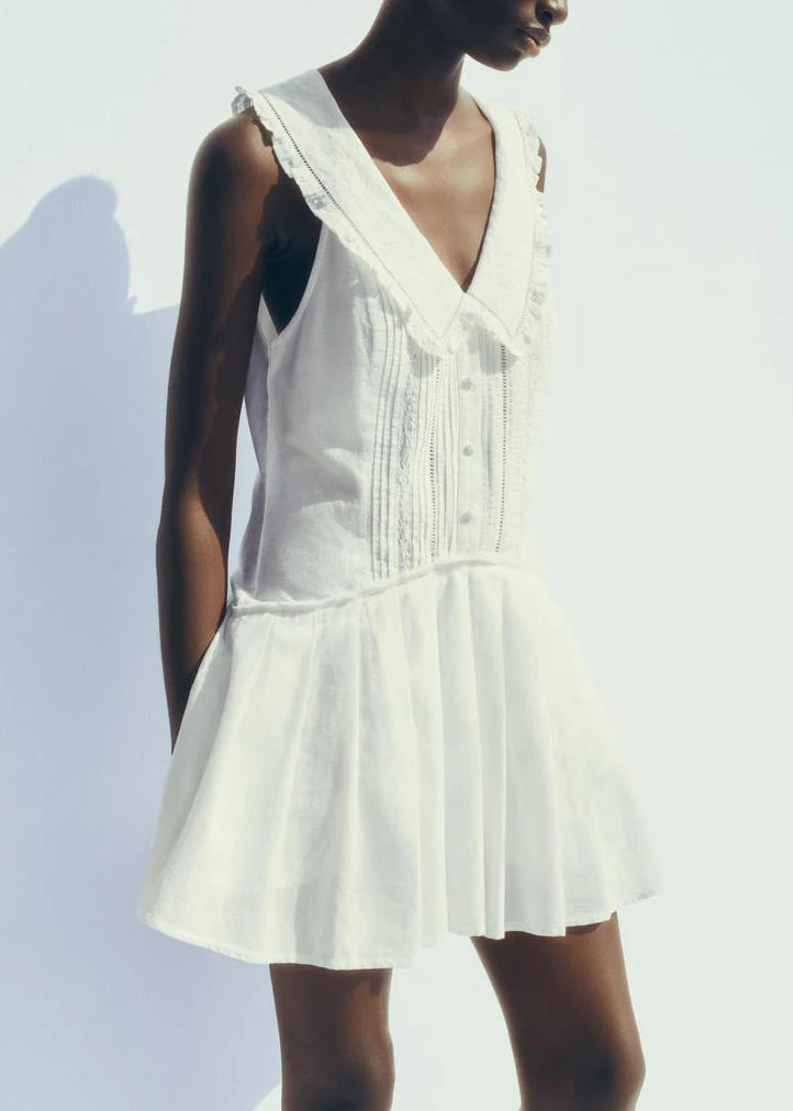 French White Peter Pan Collar Hollow Out Cotton Mid Dress Sleeveless - Image 3