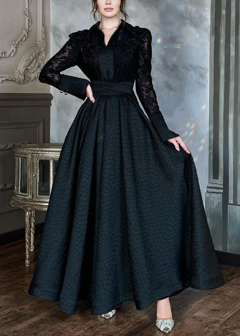 French White Peter Pan Collar Pearl Lace Long Dress Spring - Image 2