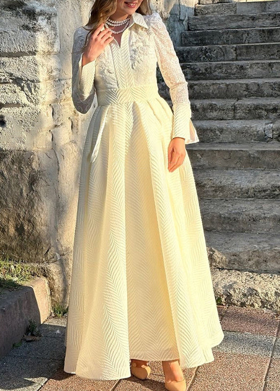French White Peter Pan Collar Pearl Lace Long Dress Spring - Image 3