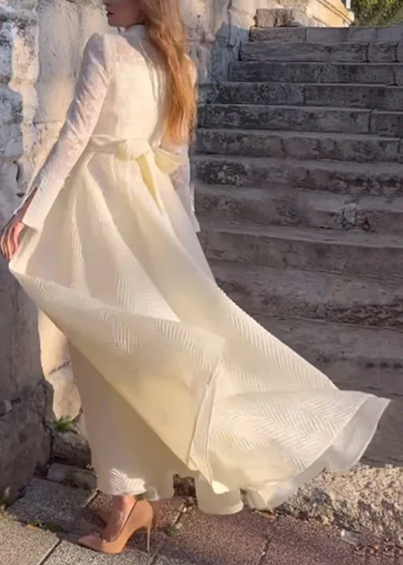 French White Peter Pan Collar Pearl Lace Long Dress Spring - Image 5