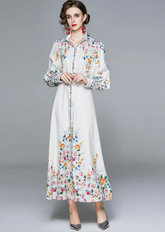 French White Peter Pan Collar Print Chiffon Dresses Fall - Image 2