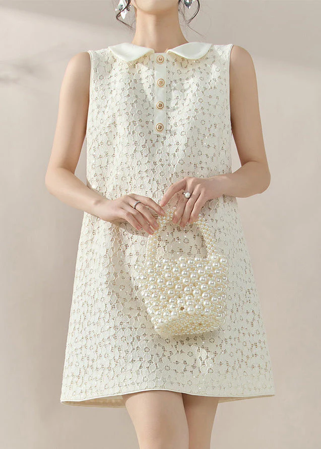 French White Peter Pan Collar Sequins Lace Mid Dress Sleeveless - Image 2