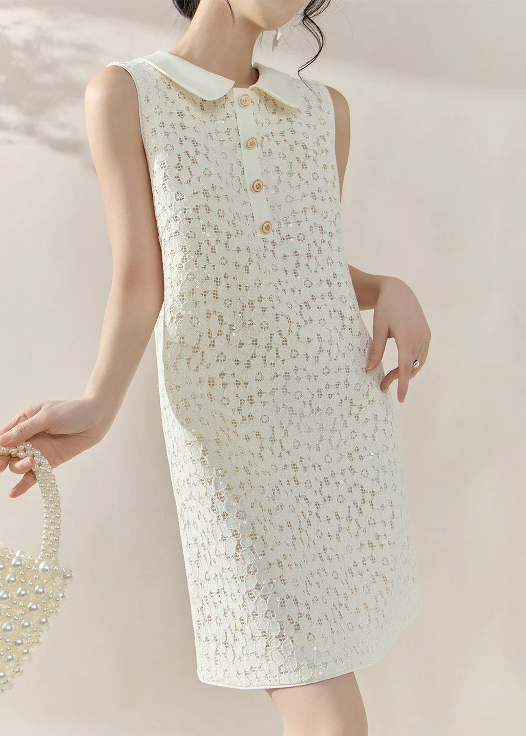 French White Peter Pan Collar Sequins Lace Mid Dress Sleeveless - Image 3