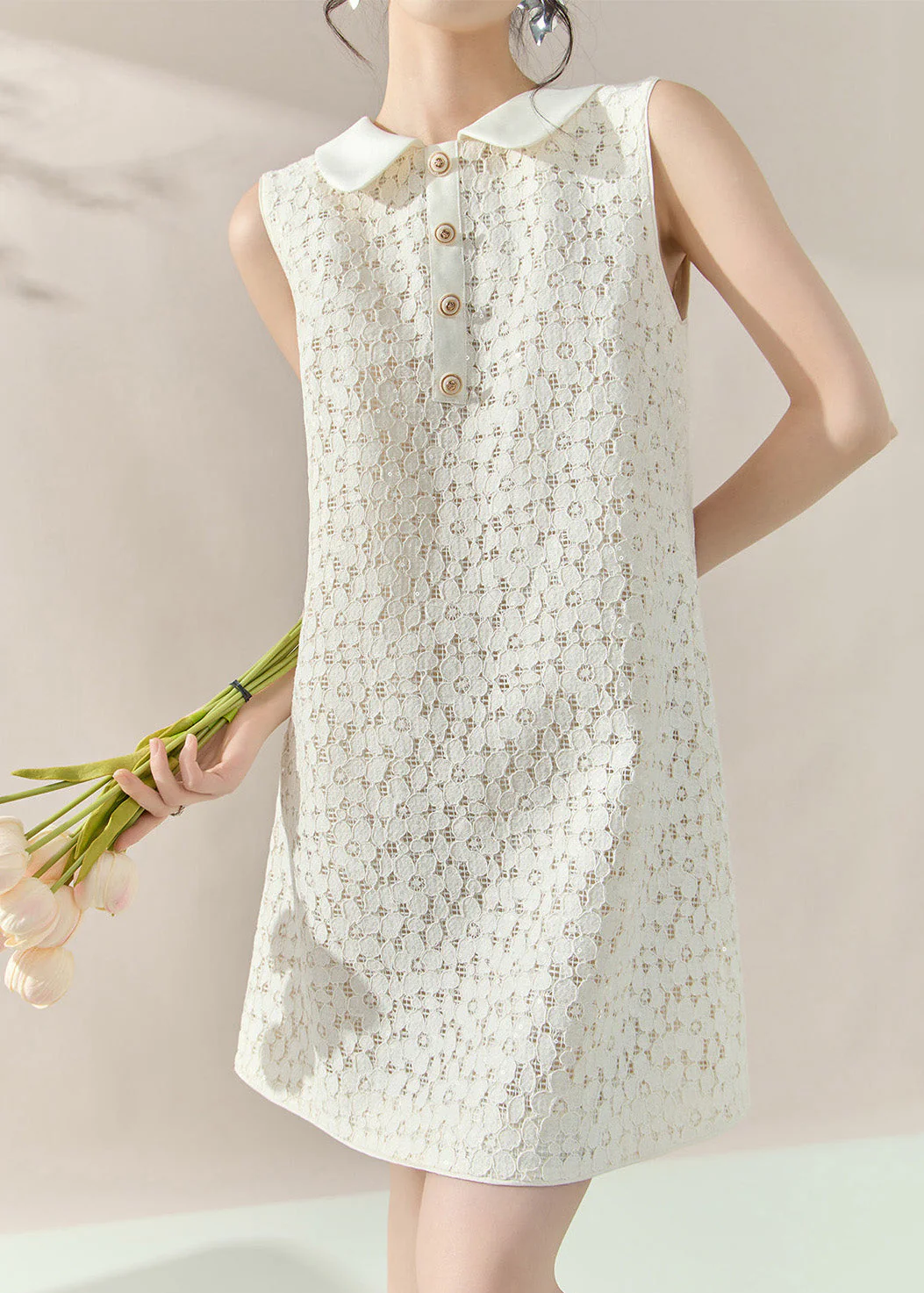 French White Peter Pan Collar Sequins Lace Mid Dress Sleeveless - Image 4