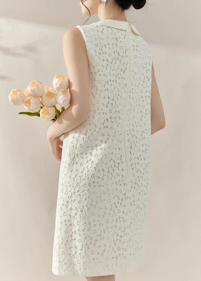 French White Peter Pan Collar Sequins Lace Mid Dress Sleeveless - Image 5
