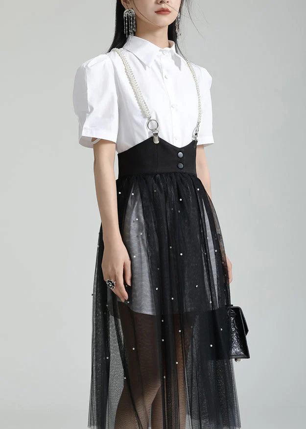 French White Peter Pan Collar Shirt Dresses And Tulle Skirt Two Pieces Set Summer - Image 3