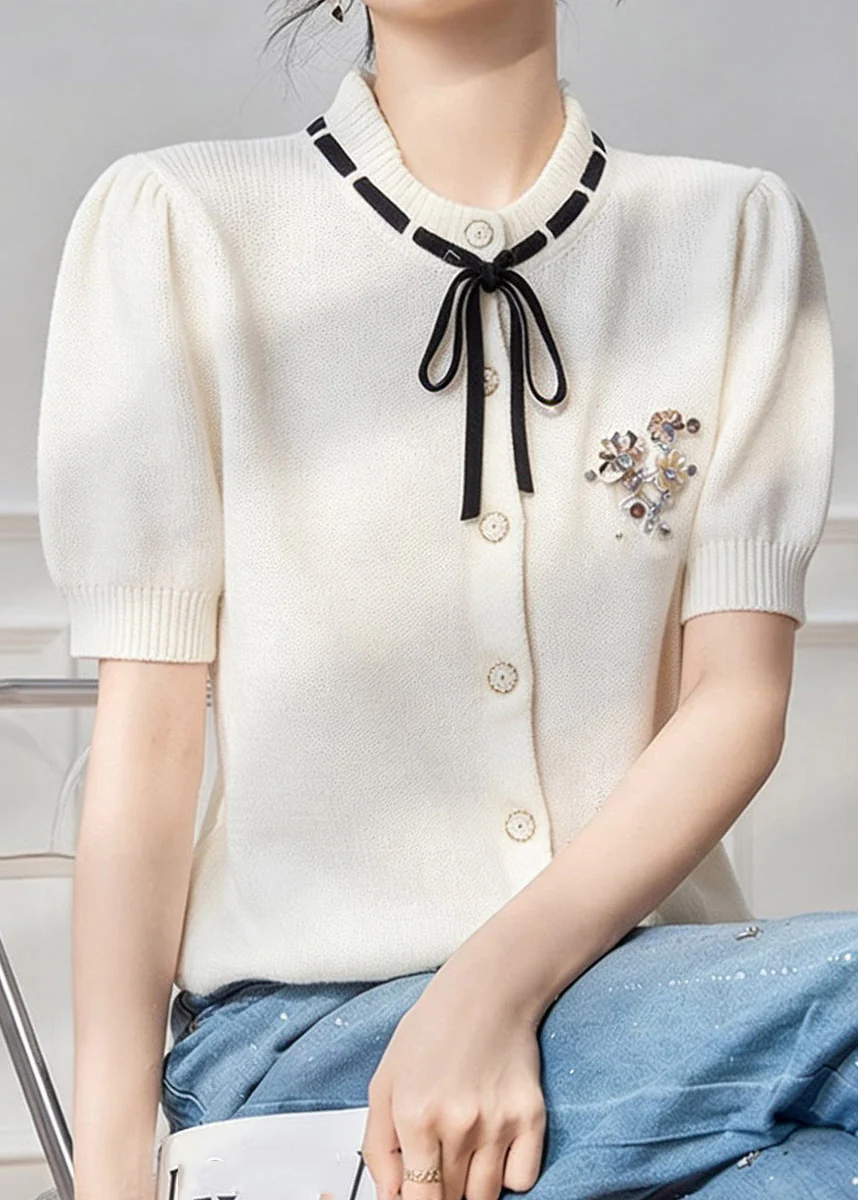 French White Peter Pan Collar Tie Lace Knit Top Short Sleeve - Image 2