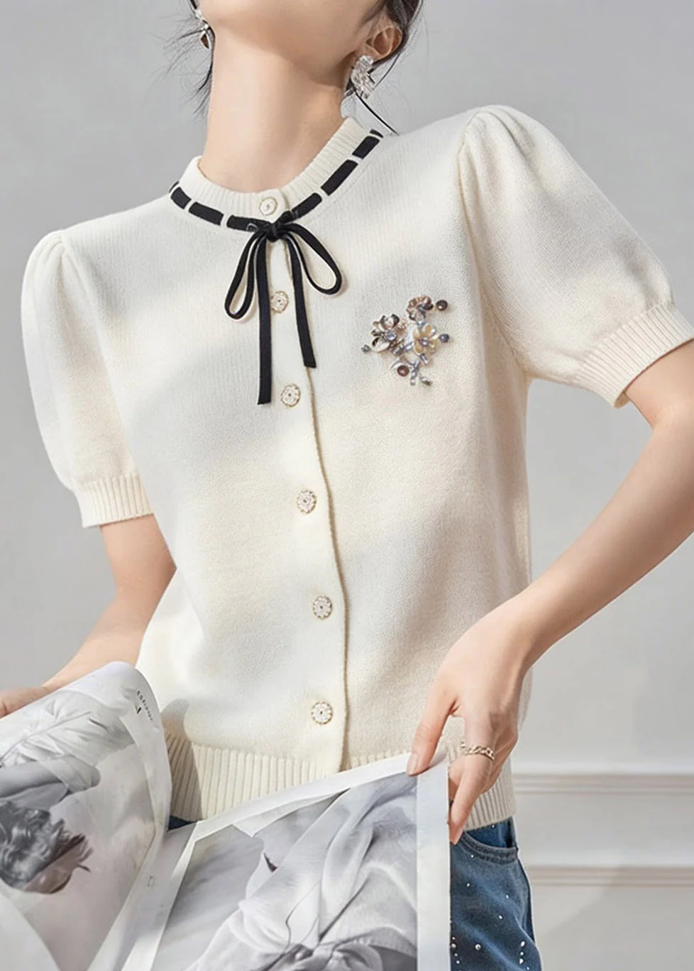 French White Peter Pan Collar Tie Lace Knit Top Short Sleeve - Image 3