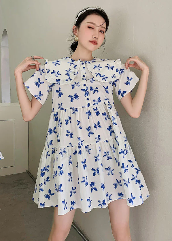 French White Peter Pan Collar Wrinkled Patchwork Print Cotton Shirt Dress Short Sleeve - Image 2